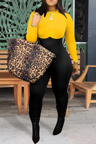 Yellow Street Solid Patchwork Half A Turtleneck Skinny Jumpsuits