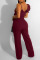 Burgundy Sexy Solid Patchwork Flounce Spaghetti Strap Straight Jumpsuits