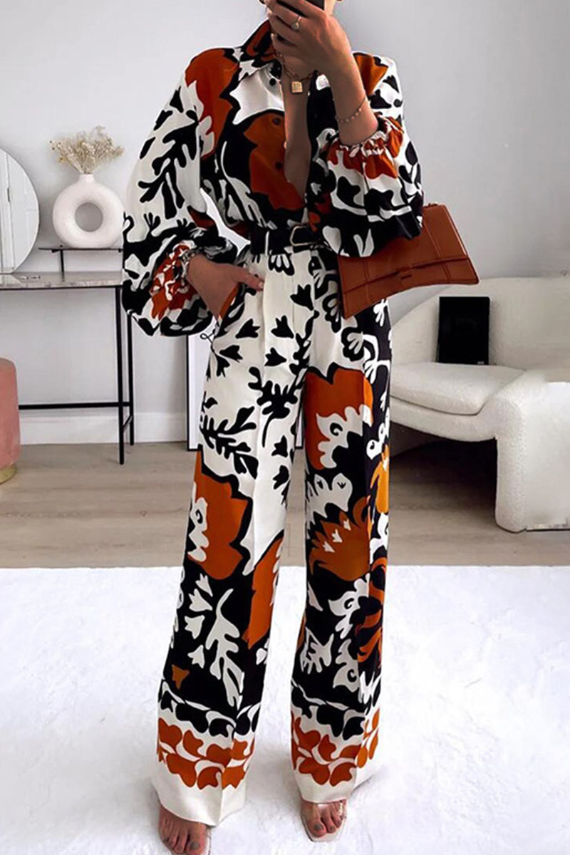 Casual Print Patchwork Shirt Collar Long Sleeve Two Pieces