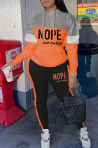 Orange Casual Letter Print Patchwork Hooded Collar Long Sleeve Two Pieces