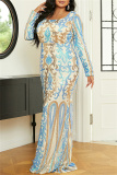 Blue Formal Patchwork Sequins U Neck Evening Dress Plus Size Dresses
