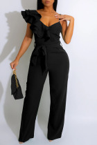 Black Sexy Solid Patchwork Flounce Spaghetti Strap Straight Jumpsuits