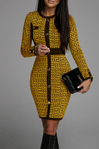 Yellow Casual Print Patchwork Buttons O Neck One Step Skirt Dresses