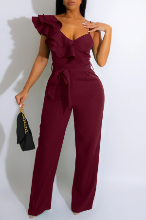 Burgundy Sexy Solid Patchwork Flounce Spaghetti Strap Straight Jumpsuits