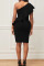 Black Sexy Solid Patchwork Flounce Oblique Collar One Step Skirt Dresses