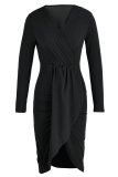 Black Fashion Casual Patchwork V Neck Long Sleeve Dresses
