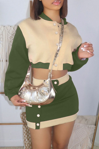 Green Casual Solid Patchwork Buckle Cardigan Collar Long Sleeve Two Pieces