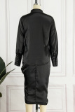 Black Casual Solid Draw String Frenulum Fold Turndown Collar Shirt Dress Dresses