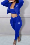 Blue Sexy Print Letter Hooded Collar Three Pieces