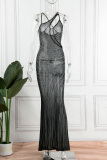 Black Sexy Patchwork Hot Drilling See-through Backless Spaghetti Strap Evening Dress Dresses
