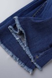 Dark Blue Casual Solid Ripped High Waist Regular Denim Jeans