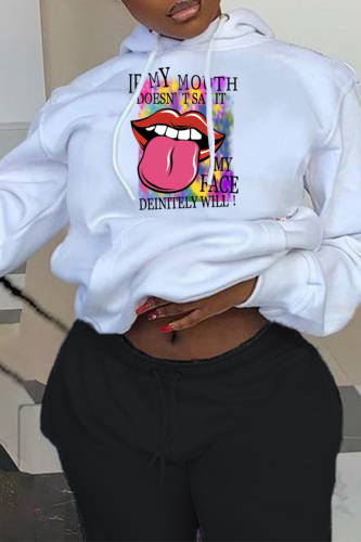 White Street Lips Printed Patchwork Hooded Collar Tops