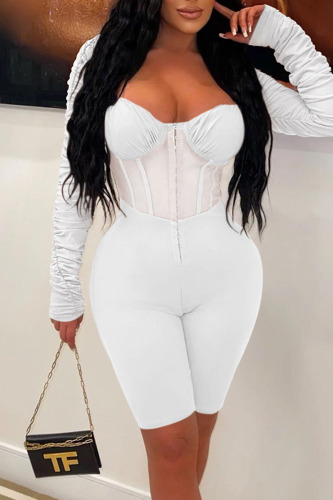 White Sexy Solid Patchwork See-through Fold Zipper Square Collar Skinny Rompers