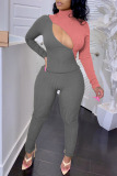 Gray Blue Casual Sportswear Solid Hollowed Out Patchwork Zipper Turtleneck Long Sleeve Two Pieces