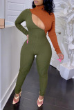Army Green Casual Sportswear Solid Hollowed Out Patchwork Zipper Turtleneck Long Sleeve Two Pieces