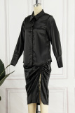 Black Casual Solid Draw String Frenulum Fold Turndown Collar Shirt Dress Dresses
