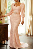 Pink Sexy Formal Patchwork Sequins Square Collar Evening Dress Dresses