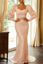 Pink Sexy Formal Patchwork Sequins Square Collar Evening Dress Dresses