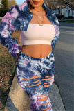 Deep Blue Casual Tie Dye Ripped Turndown Collar Long Sleeve Two Pieces