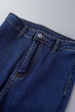 Dark Blue Casual Solid Ripped High Waist Regular Denim Jeans