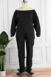 Black Casual Solid Patchwork Zipper O Neck Plus Size Jumpsuits