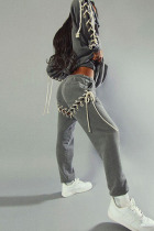 Grey Casual Street Solid Bandage Hollowed Out Patchwork Hooded Collar Long Sleeve Two Pieces