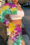Green Yellow Casual Tie Dye Ripped Turndown Collar Long Sleeve Two Pieces