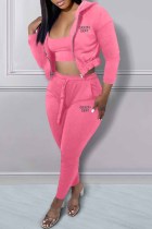 Pink Sexy Print Letter Hooded Collar Three Pieces