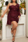 Burgundy Sexy Formal Patchwork Sequins Backless Oblique Collar Long Sleeve Plus Size Dresses