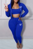 Blue Sexy Print Letter Hooded Collar Three Pieces