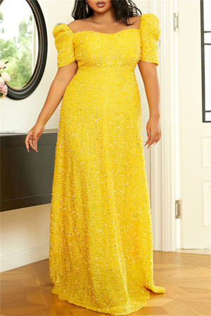 Yellow Sexy Plus Size Solid Patchwork Square Collar Evening Dress