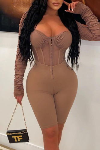 Brownness Sexy Solid Patchwork See-through Fold Zipper Square Collar Skinny Rompers
