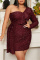 Burgundy Sexy Formal Patchwork Sequins Backless Oblique Collar Long Sleeve Plus Size Dresses