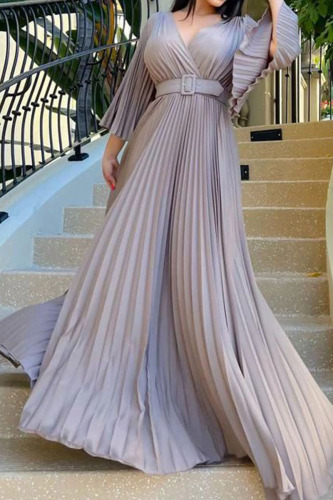 Grey Casual Solid Patchwork Fold With Belt V Neck Evening Dress Dresses