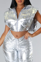 Silver Casual Solid Bandage Patchwork Zipper Hooded Collar Outerwear