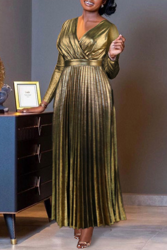 Gold Elegant Solid Patchwork Fold V Neck Long Dress Dresses
