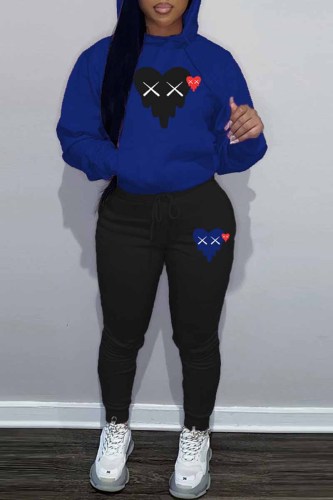 Blue Street Print Patchwork Hooded Collar Long Sleeve Two Pieces