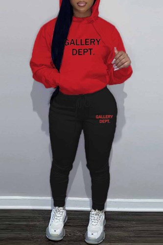 Red Street Print Letter Hooded Collar Long Sleeve Two Pieces