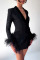 Black Party Solid Patchwork Feathers Turn-back Collar Outerwear