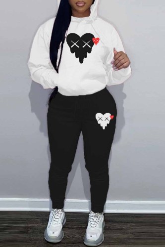 White Street Print Patchwork Hooded Collar Long Sleeve Two Pieces