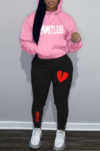Pink Casual Print Patchwork Hooded Collar Long Sleeve Two Pieces