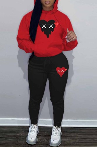 Red Street Print Patchwork Hooded Collar Long Sleeve Two Pieces