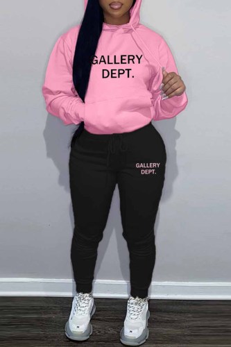 Pink Street Print Letter Hooded Collar Long Sleeve Two Pieces