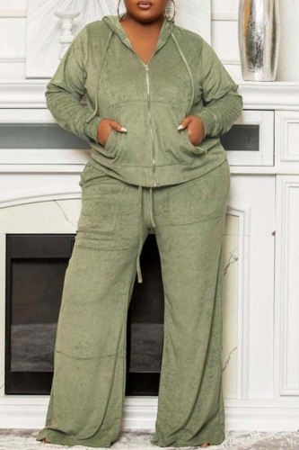 Light Green Casual Solid Patchwork Hooded Collar Plus Size Two Pieces