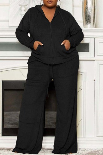 Black Casual Solid Patchwork Hooded Collar Plus Size Two Pieces