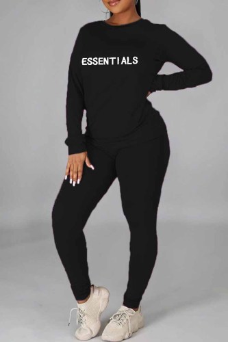 Black Casual Print Letter O Neck Long Sleeve Two Pieces