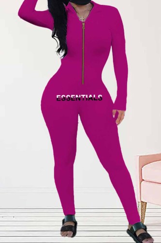 Rose Red Sexy Print Letter Zipper Collar Jumpsuits