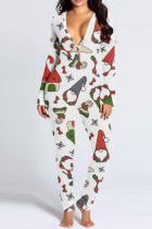 White Casual Print Patchwork Buckle V Neck Skinny Jumpsuits