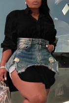 Black Casual Solid Ripped Patchwork Shirt Collar Long Sleeve Two Pieces