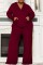Burgundy Casual Solid Patchwork Hooded Collar Plus Size Two Pieces